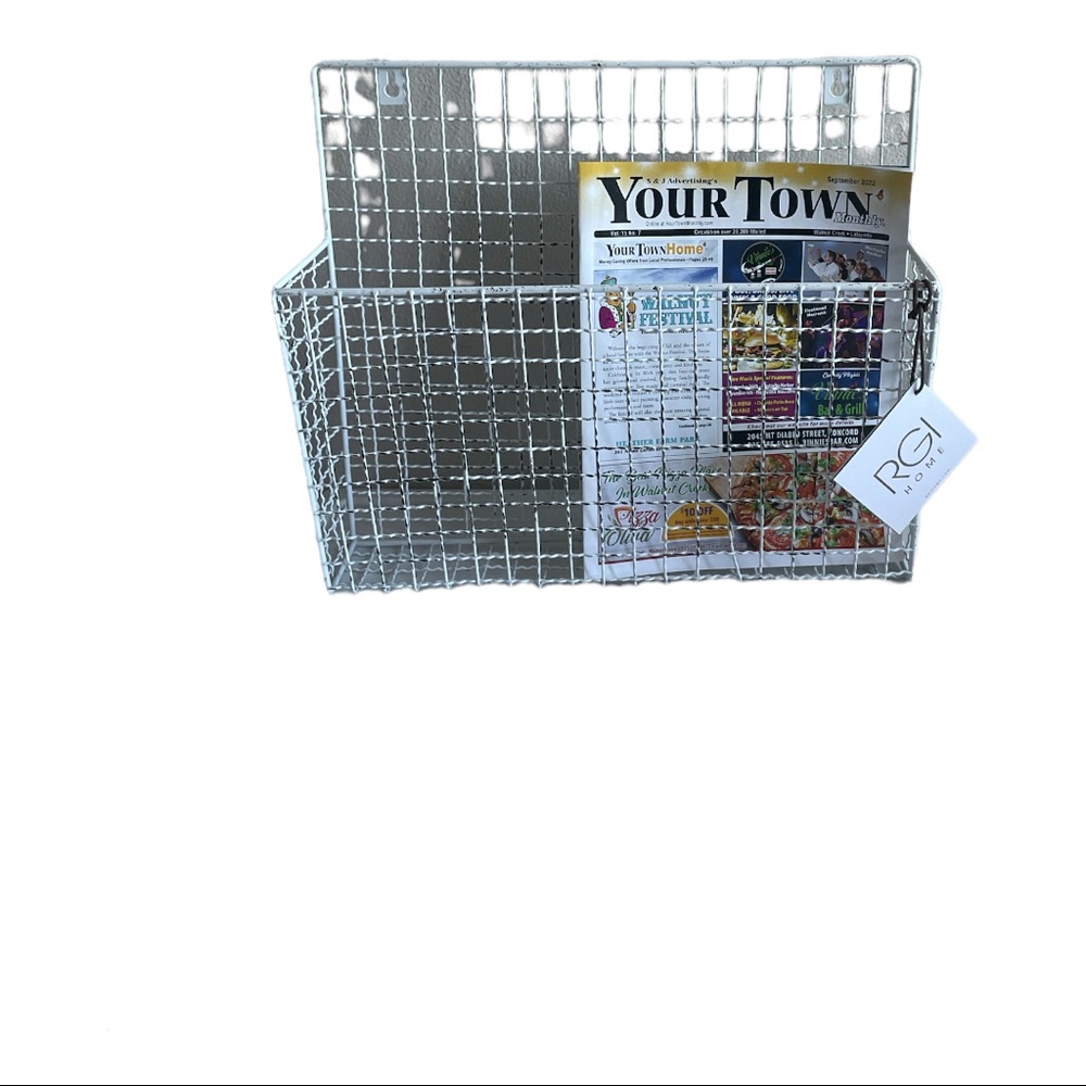 White Metal Wall Decor Magzine Basket Storage by RGI Home for Wall Organization